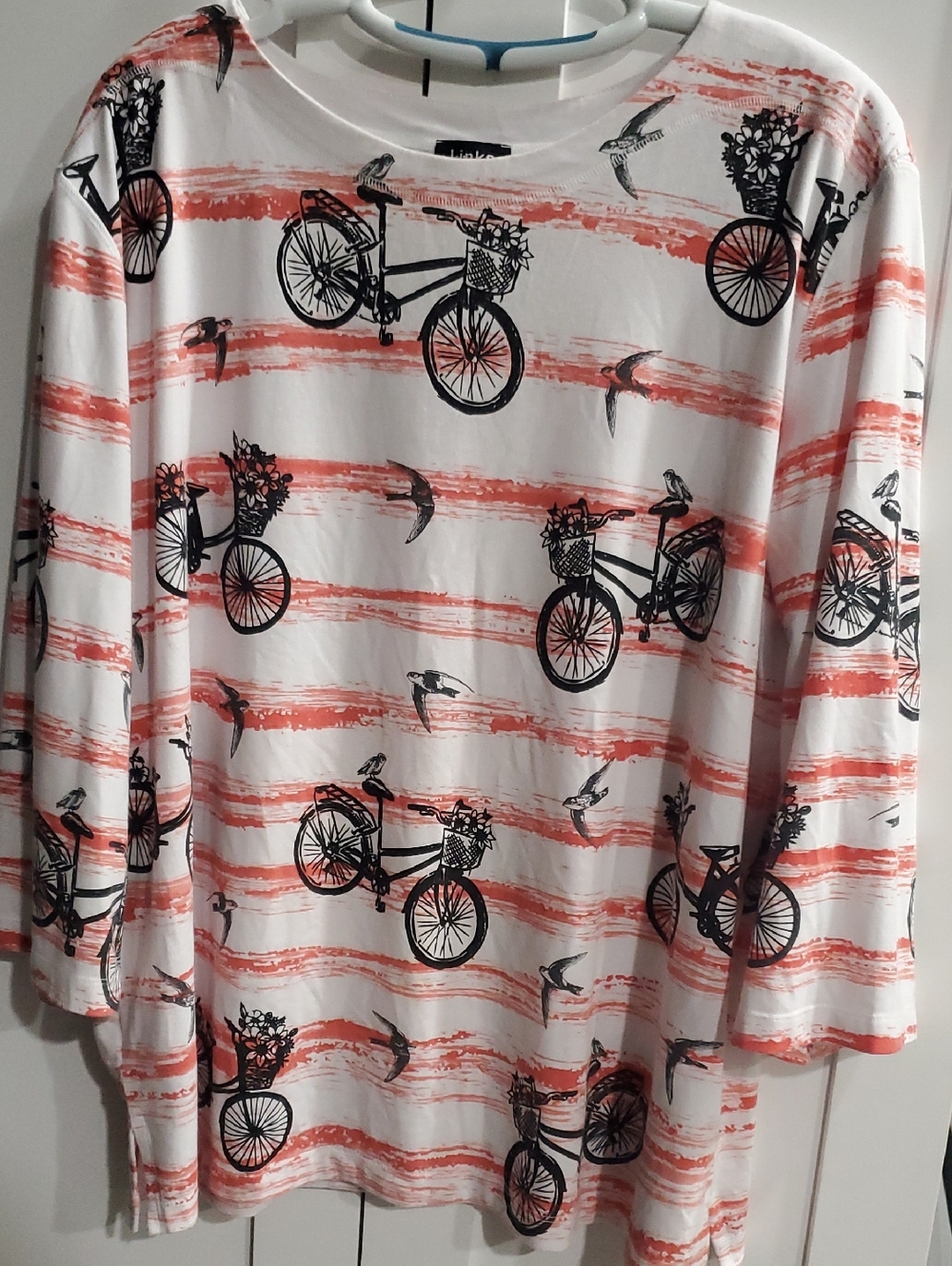 Links White Top with Coral Brushstroke Stripes and Black Bicycle Graphic